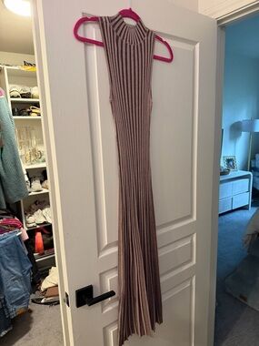 Cider Ribbed Sleeveless Maxi Dress in Mauve and Taupe Stripes